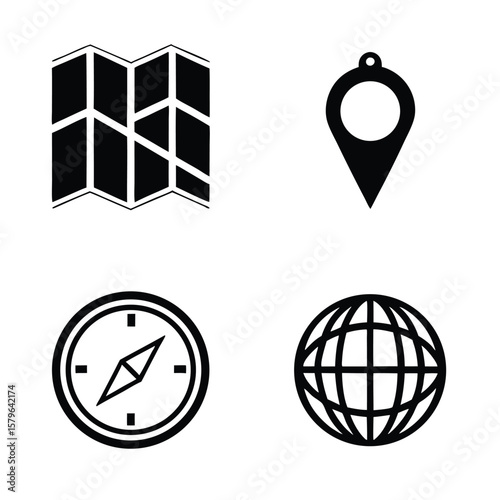 Folded map location marker compass globe icons vector
