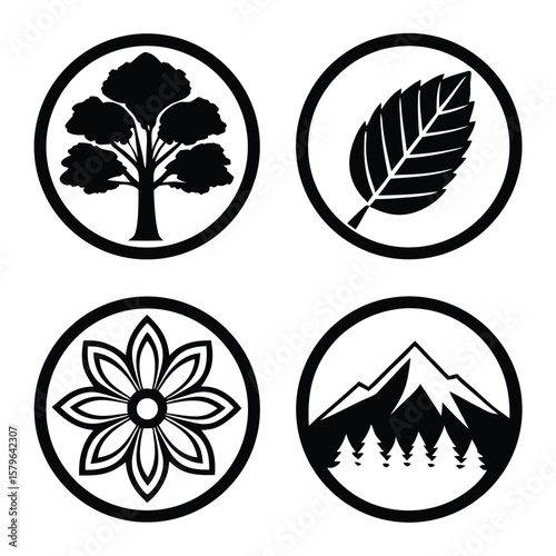 Four circular nature icons featuring tree leaf flower mountain vector
