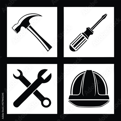 Hammer screwdriver wrenches hard hat construction tools vector