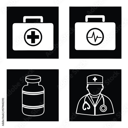 Medical icons doctor bag vial heartbeat health care