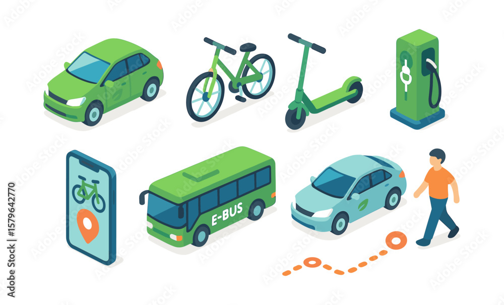 Naklejka premium Eco-friendly urban transportation: bike, e-bus, electric car, scooter, charging station, navigation