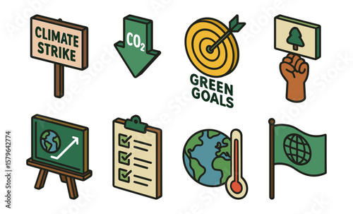 Climate action icons: climate strike, green goals, co2 reduction, environmental advocacy