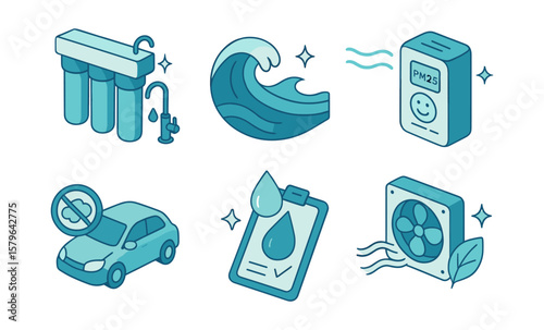 Environmental protection icons set: water purification, air quality, renewable energy
