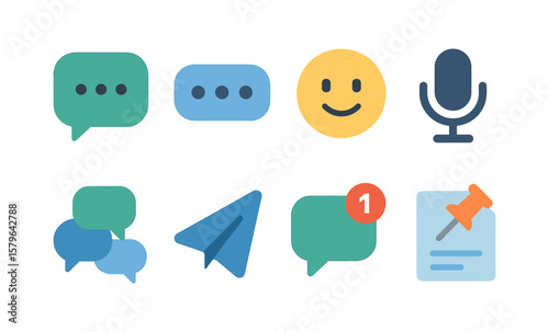 Colorful communication icons with chat bubble, microphone, and notification alert