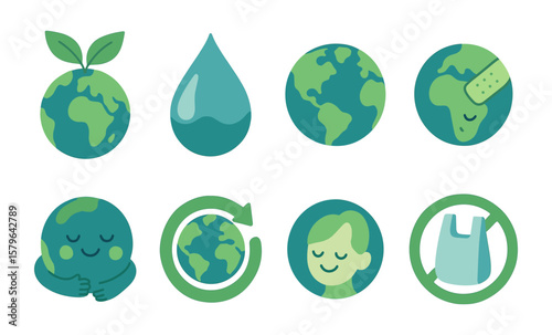 Eco-friendly symbols: earth, water, recycling, sustainability, conservation icons