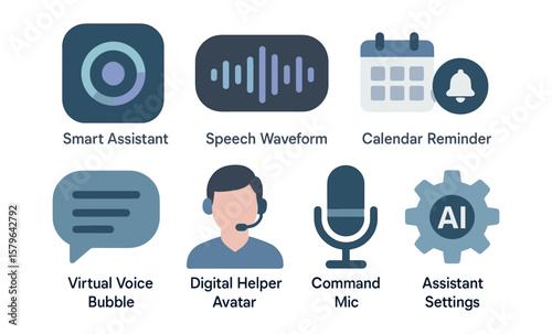 Digital assistant icons including smart speaker, speech waveform, calendar reminder, virtual voice, and ai settings