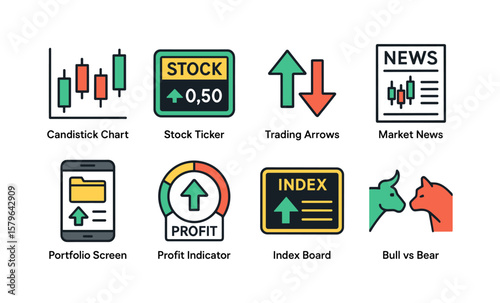Financial icons set featuring stock ticker, candlestick chart, index board, and market news