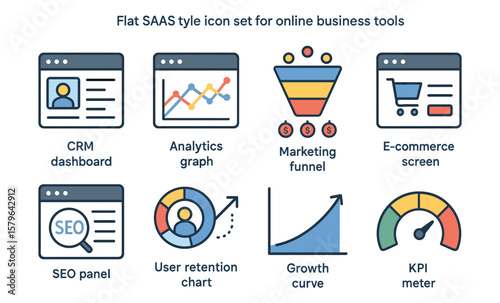 Flat saas icon set for online business tools featuring crm and analytics graphics