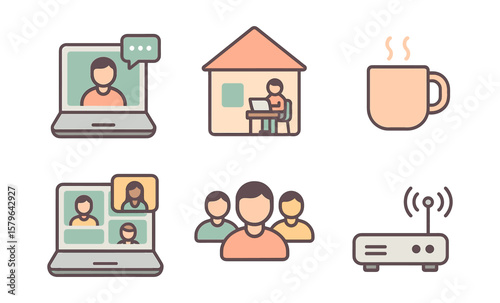Remote work icons: home, coffee, online meetings, communication, wi-fi router