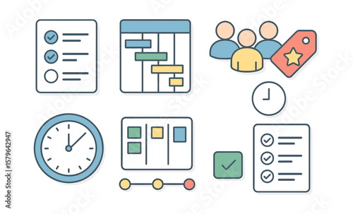 Project management icons: checklist, gantt chart, team, timeline, and more