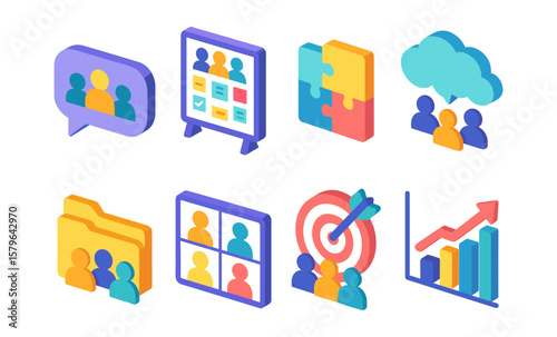 Colorful isometric icons for business teamwork and collaboration concepts