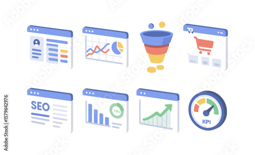 Digital marketing icons: data analytics, seo, e-commerce funnel, performance metrics