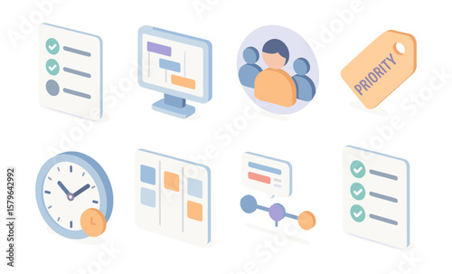 Isometric icons of productivity tools and management concepts in soft pastel colors