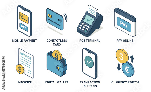 Mobile payment solutions: contactless card, pos terminal, digital wallet, pay online, currency switch