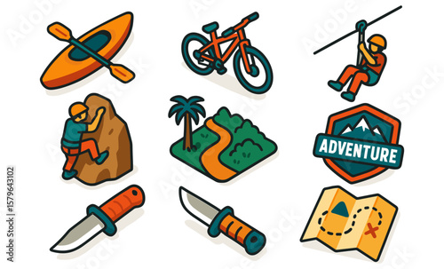 Adventure icons featuring kayak, bicycle, zip line, climbing, map, and knife