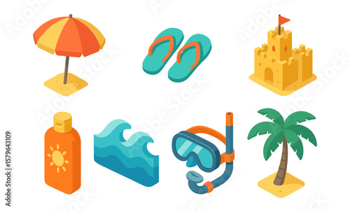Colorful summer icons: beach umbrella, sunglasses, flip-flops, sandcastle, sunscreen, wave, snorkel, palm tree