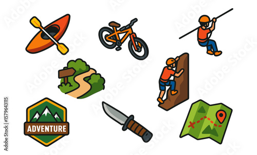 Outdoor adventure icons featuring kayaking, biking, hiking, climbing, and zip-lining activities