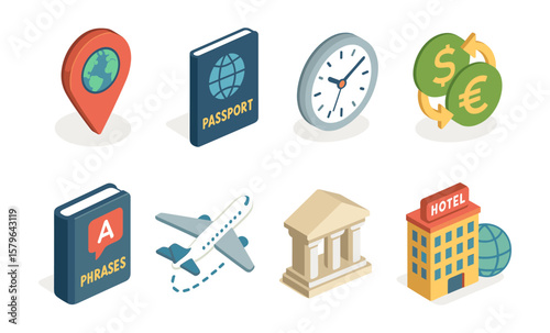 Travel essentials icons featuring passport, airplane, clock, currency exchange, and hotel