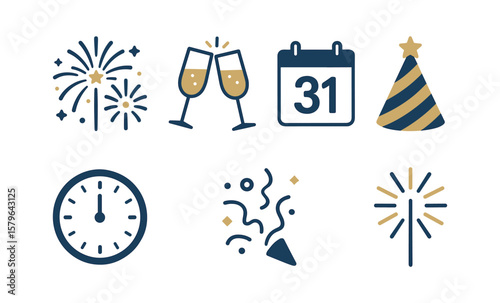 New year celebration icons: fireworks, champagne, 2025, calendar, party hat