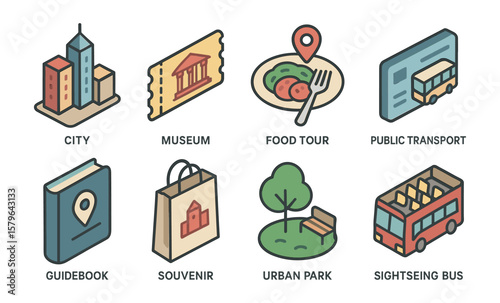 City exploration icons: museum, food tour, public transport, urban park, sightseeing