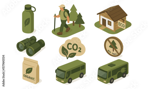 Eco-friendly hiking and sustainable travel icons with green themes