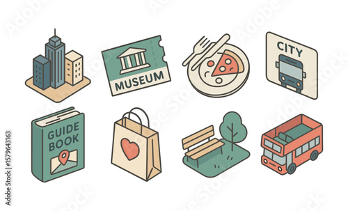 Isometric icon set: city, museum, pizza, guidebook, bus, park, shopping bag