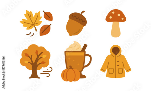 Autumn icons: leaves, acorn, mushroom, jacket, tree, coffee, pumpkins, bonfire