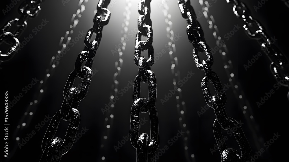 Dramatic monochrome view showcases gleaming metallic chains descending from above, illuminated by a bright light source creating stark contrast and depth, intriguing. Dramatic monochrome view showcases gleaming metallic chains descending from above, illuminated by a bright light source creating stark contrast and depth, intriguing.