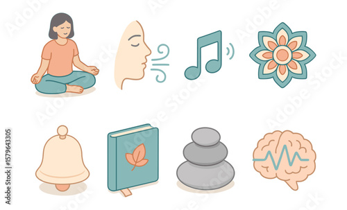 Mindfulness symbols: meditation, deep breathing, music, flower, bell, book, stones, brainwaves