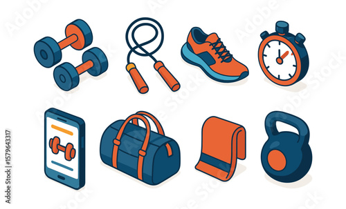 Colorful isometric fitness equipment illustration: dumbbells, sneakers, jump rope, timer, phone, bag, mat, kettlebell