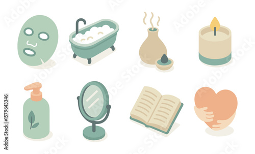 Self-care essentials: mask, bath, aromatherapy, candle, skincare, mirror, reading, heart