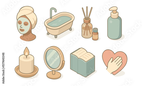 Relaxing spa icons with candle, skin care, bath, aromatherapy, and self-care essentials