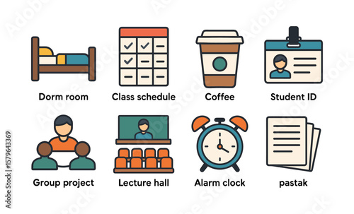 College essentials: dorm room, class schedule, coffee, student id, group project, lecture hall, alarm clock, papers