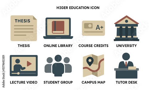 Higher education icons: thesis, online library, courses, university, lectures, study groups
