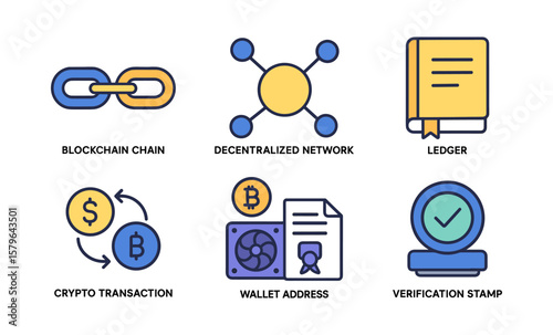 Visual representation of blockchain concepts: chain, decentralized network, ledger, crypto transaction, wallet address, verification stamp
