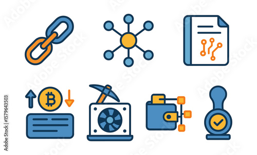 Blockchain and cryptocurrency icons: mining, bitcoin, networking, technology, digital wallets