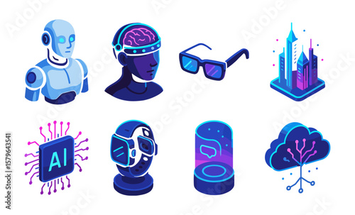 Futuristic technology icons: ai, robotics, smart devices, virtual reality