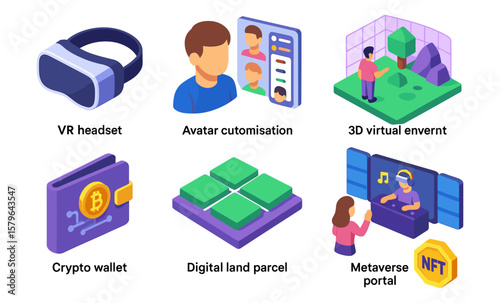 Metaverse exploration: vr headset, avatar customization, virtual environment, crypto wallet, nft portal