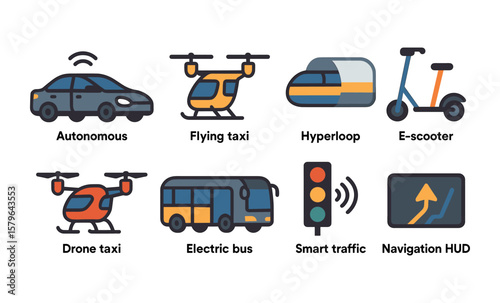 Futuristic transport: autonomous cars, flying taxis, hyperloop, e-scooters, electric buses