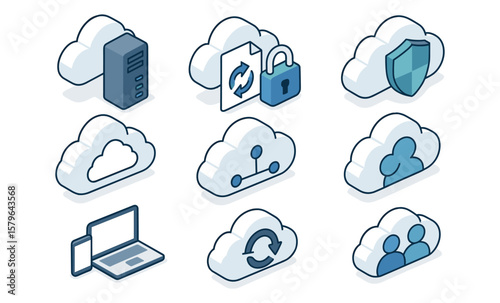 Cloud computing icons featuring data security, backup, and network symbols