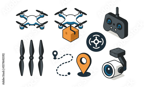 Drone technology icons: delivery, navigation, control, and surveillance elements