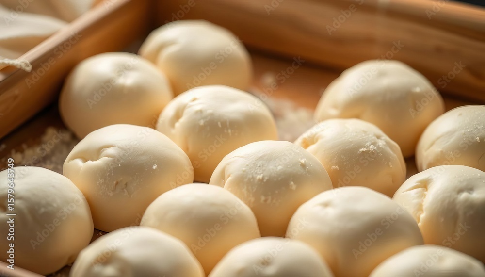 Soft, pillowy fresh yeast dough balls ready for baking, food, overhead Soft, pillowy fresh yeast dough balls ready for baking, food, overhead