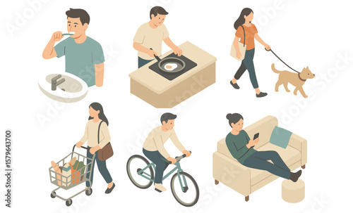 Daily routine activities of young adults and teens in illustrated scenes