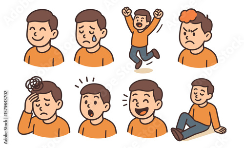 Cartoon illustrations of caucasian boy expressing various emotions and reactions