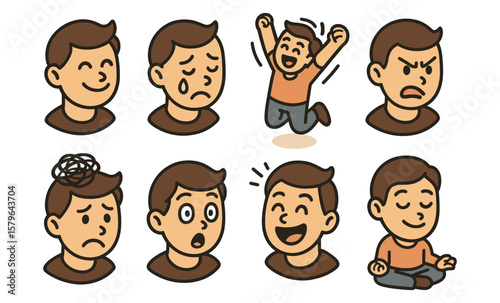 Cartoon emotions of young caucasian male character expressing joy, sadness, anger, surprise, and calm
