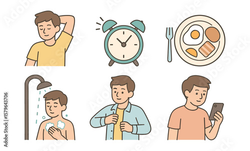 Illustration of a young caucasian male's morning routine activities
