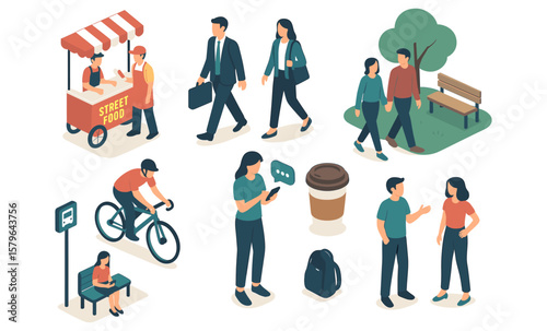 City life: people walking, talking, texting, and eating street food