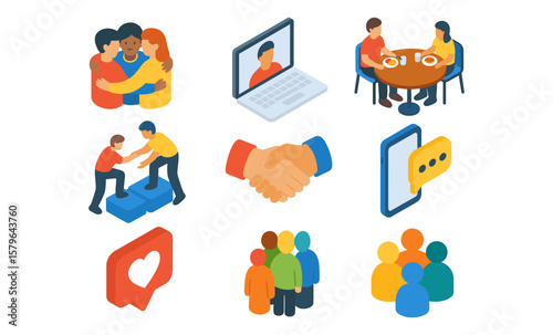 Isometric illustrations of social interaction and digital communication