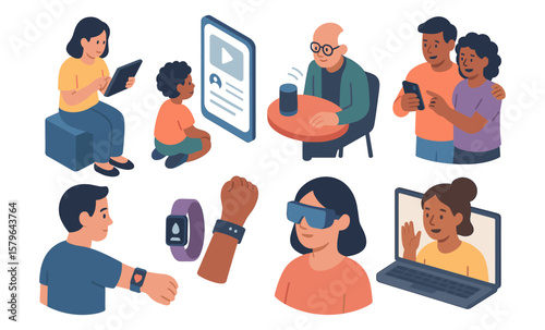 Diverse group engaging with technology gadgets across generations