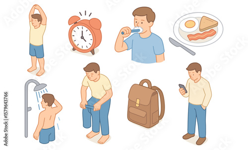 Caucasian male morning routine with hygiene breakfast backpack and smartphone